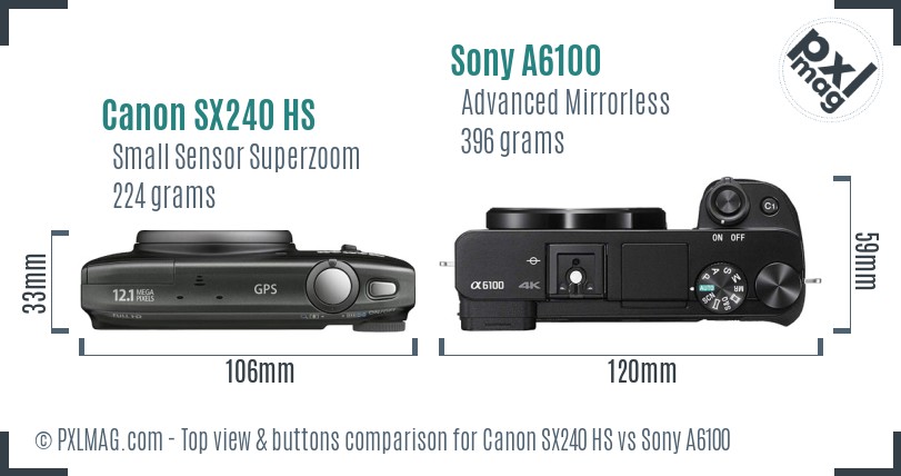 Canon SX240 HS vs Sony A6100 top view buttons comparison