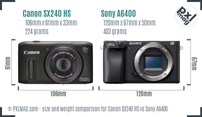 Canon SX240 HS vs Sony A6400 size comparison