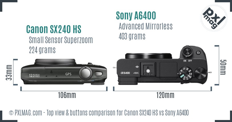 Canon SX240 HS vs Sony A6400 top view buttons comparison