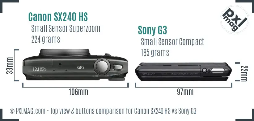 Canon SX240 HS vs Sony G3 top view buttons comparison Canon SX240 HS vs Sony G3 top view buttons comparison