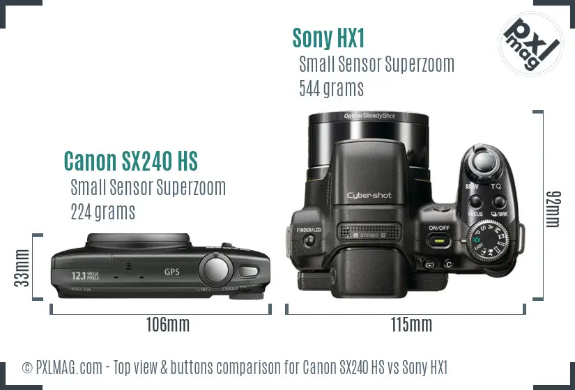 Canon SX240 HS vs Sony HX1 top view buttons comparison