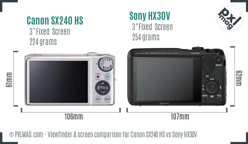 Canon SX240 HS vs Sony HX30V Screen and Viewfinder comparison