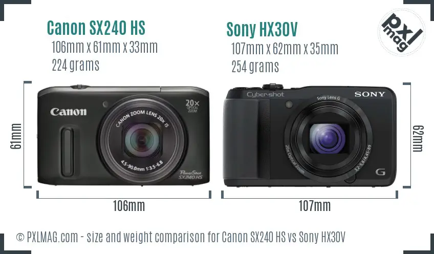 Canon SX240 HS vs Sony HX30V size comparison