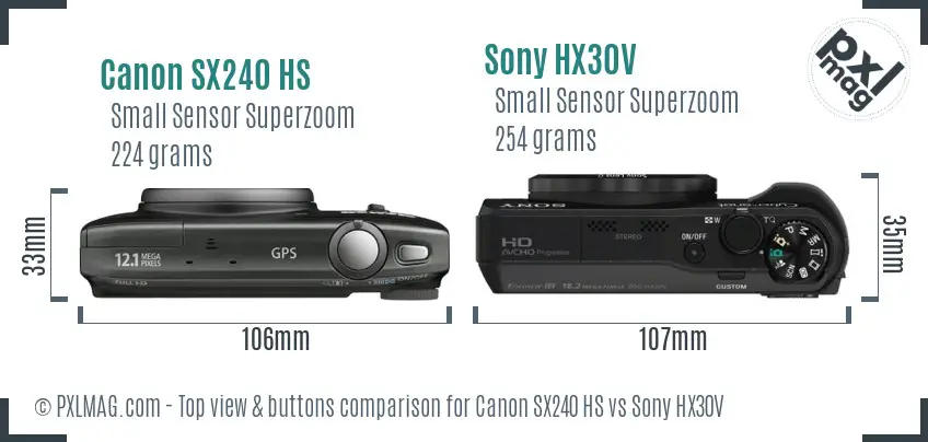 Canon SX240 HS vs Sony HX30V top view buttons comparison