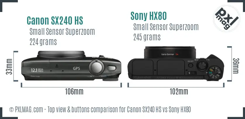 Canon SX240 HS vs Sony HX80 top view buttons comparison