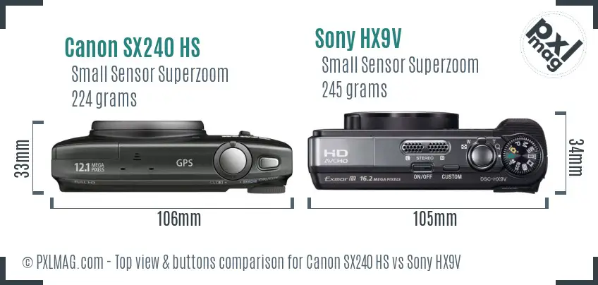 Canon SX240 HS vs Sony HX9V top view buttons comparison