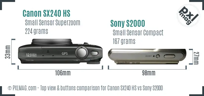 Canon SX240 HS vs Sony S2000 top view buttons comparison