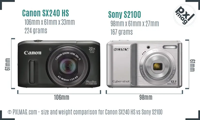 Canon SX240 HS vs Sony S2100 size comparison