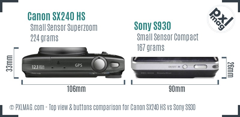 Canon SX240 HS vs Sony S930 top view buttons comparison