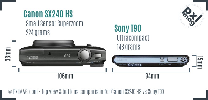 Canon SX240 HS vs Sony T90 top view buttons comparison