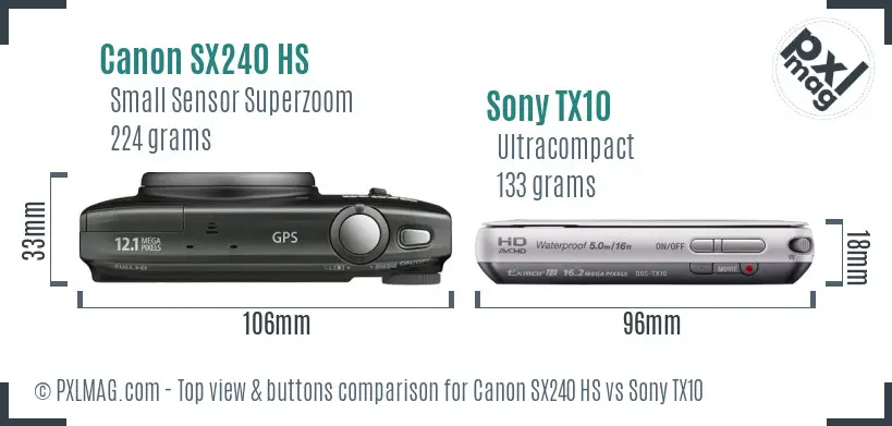 Canon SX240 HS vs Sony TX10 top view buttons comparison Canon SX240 HS vs Sony TX10 top view buttons comparison