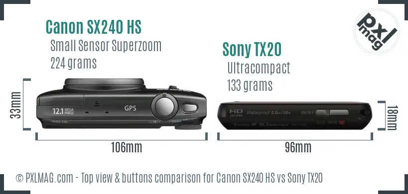 Canon SX240 HS vs Sony TX20 top view buttons comparison Canon SX240 HS vs Sony TX20 top view buttons comparison