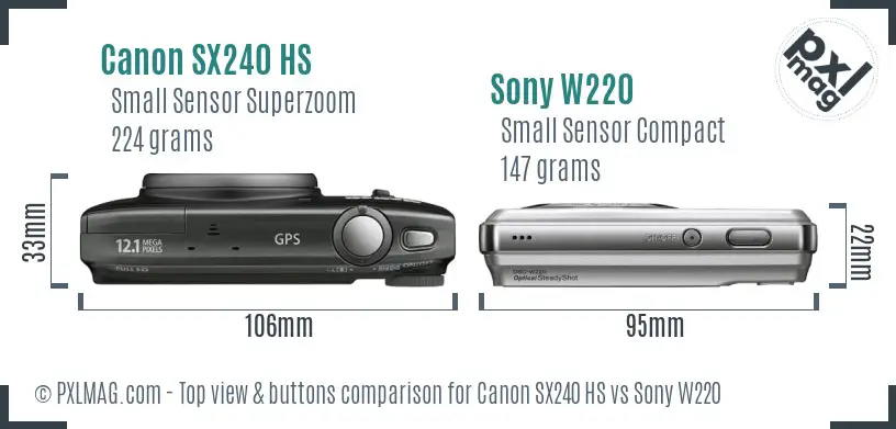 Canon SX240 HS vs Sony W220 top view buttons comparison