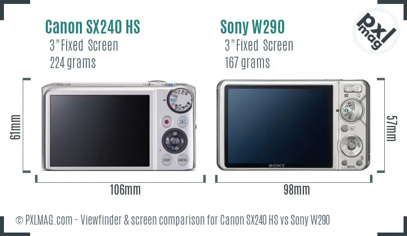 Canon SX240 HS vs Sony W290 Screen and Viewfinder comparison