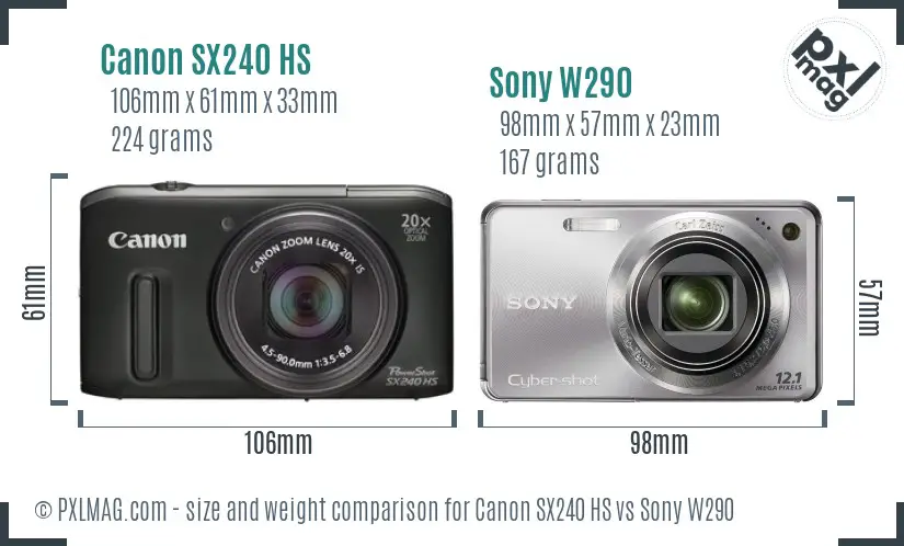 Canon SX240 HS vs Sony W290 size comparison
