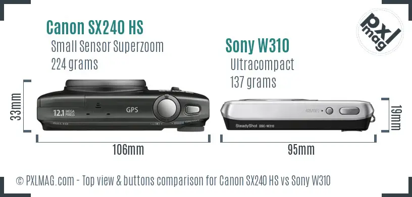 Canon SX240 HS vs Sony W310 top view buttons comparison Canon SX240 HS vs Sony W310 top view buttons comparison