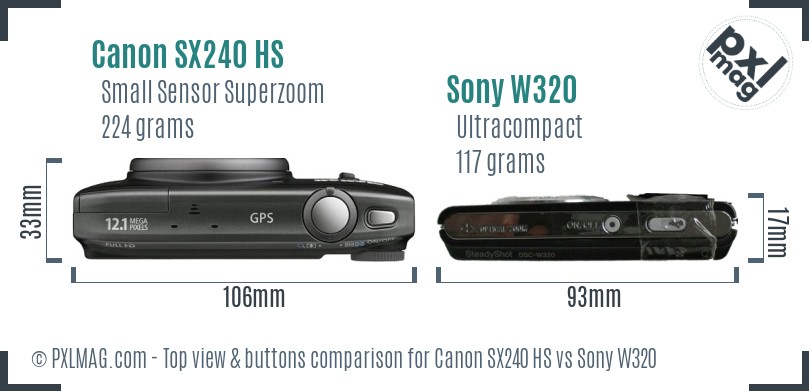 Canon SX240 HS vs Sony W320 top view buttons comparison
