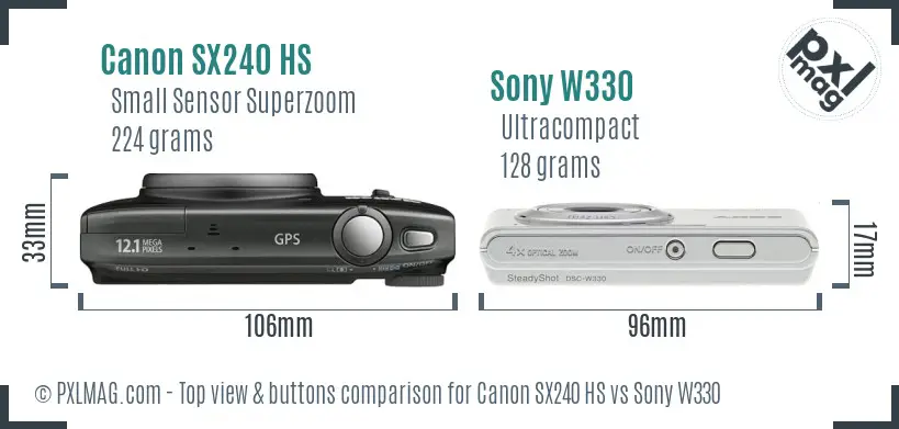 Canon SX240 HS vs Sony W330 top view buttons comparison
