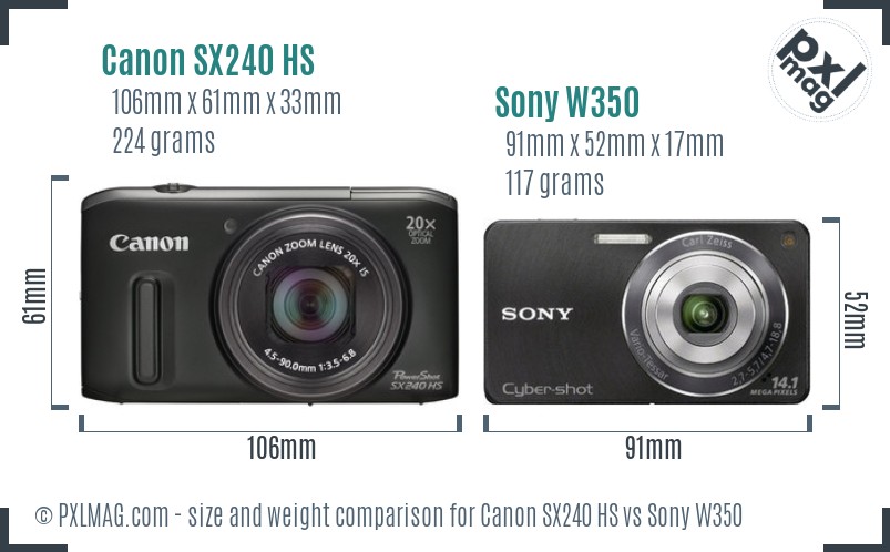 Canon SX240 HS vs Sony W350 size comparison