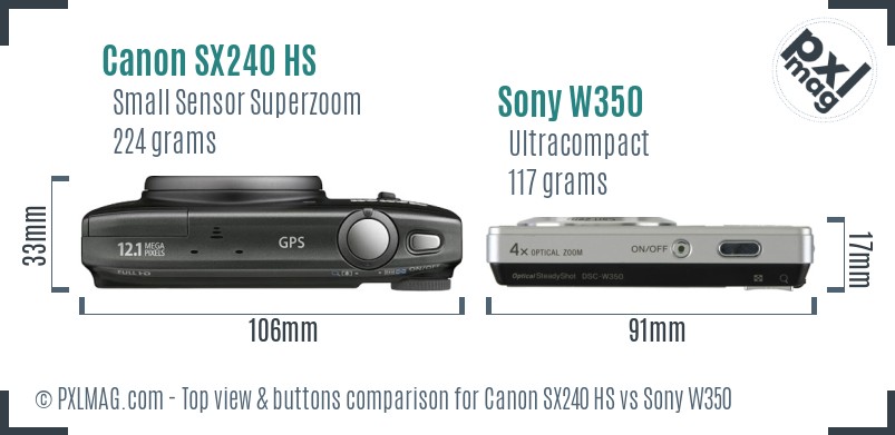 Canon SX240 HS vs Sony W350 top view buttons comparison