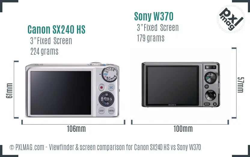 Canon SX240 HS vs Sony W370 Screen and Viewfinder comparison