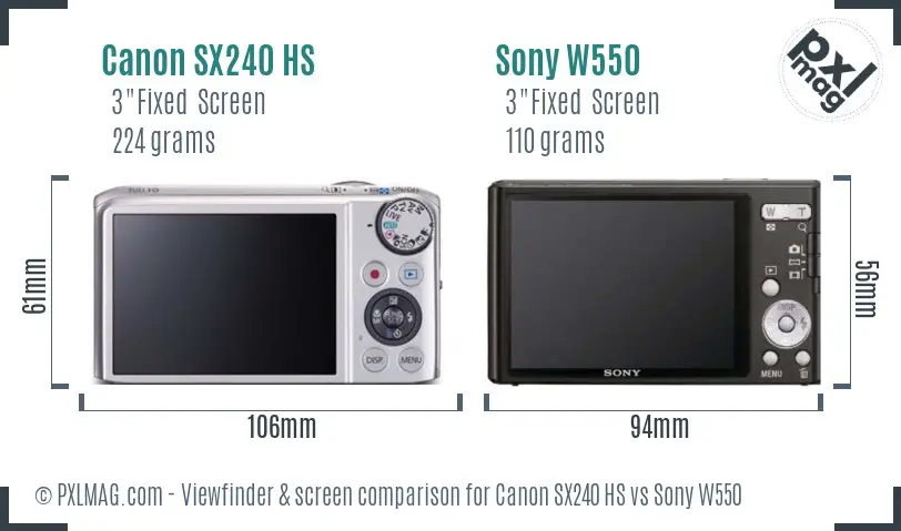 Canon SX240 HS vs Sony W550 Screen and Viewfinder comparison