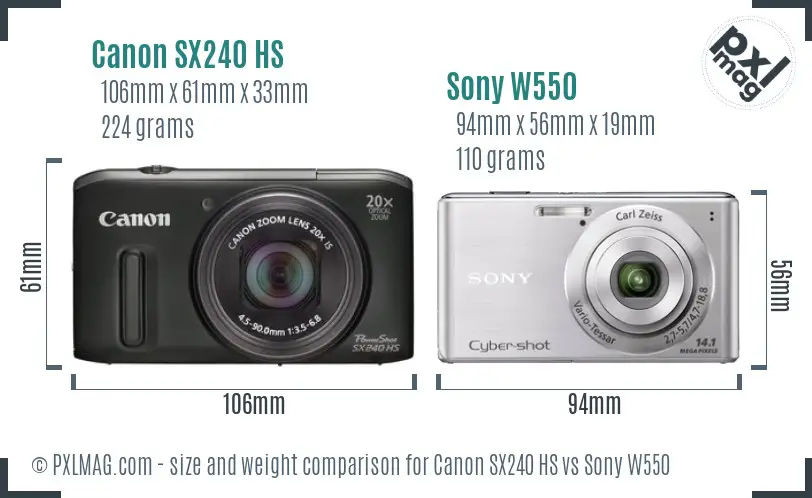 Canon SX240 HS vs Sony W550 size comparison