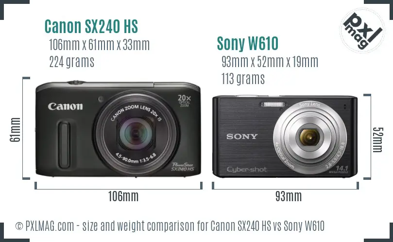 Canon SX240 HS vs Sony W610 size comparison