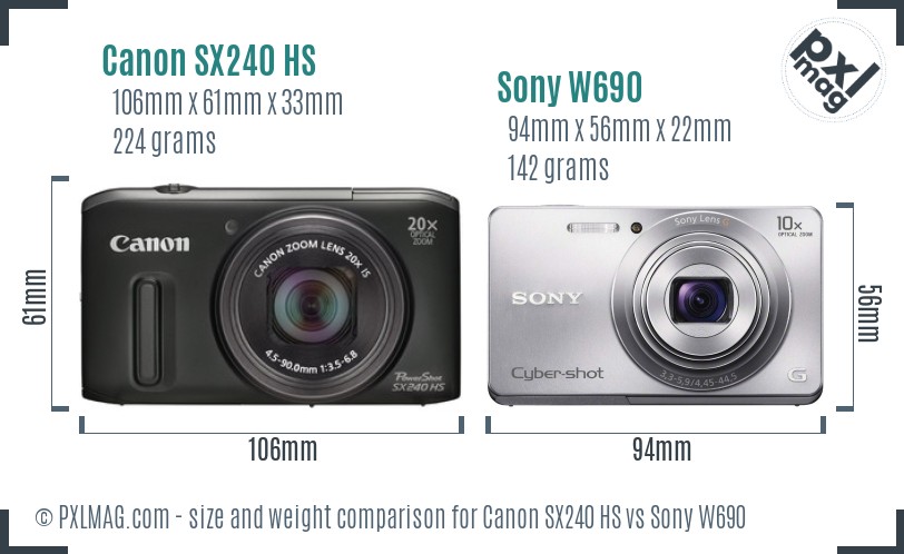 Canon SX240 HS vs Sony W690 size comparison