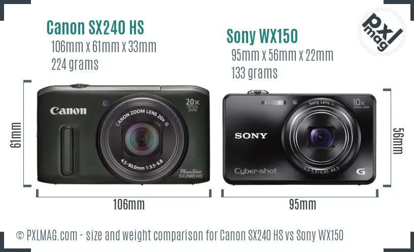 Canon SX240 HS vs Sony WX150 size comparison