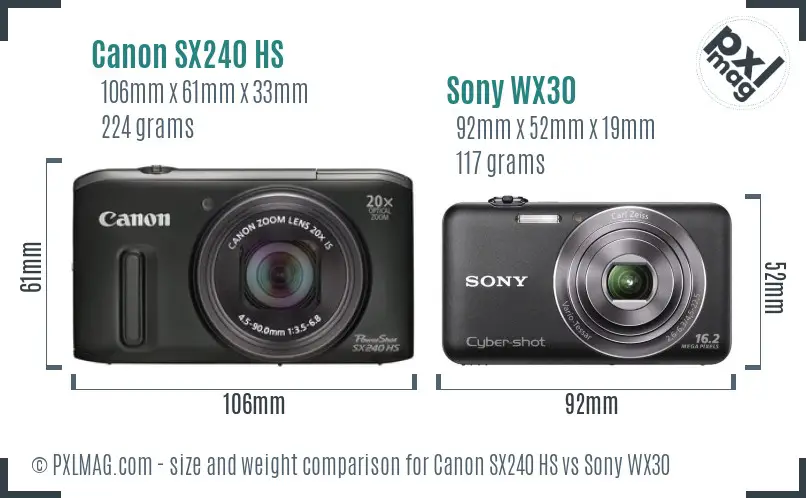 Canon SX240 HS vs Sony WX30 size comparison