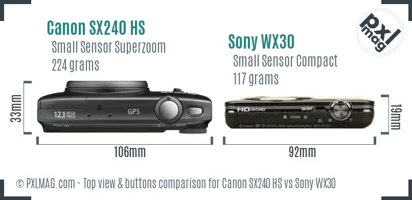 Canon SX240 HS vs Sony WX30 top view buttons comparison