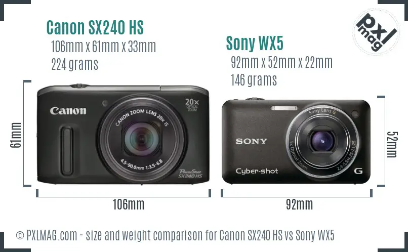 Canon SX240 HS vs Sony WX5 size comparison