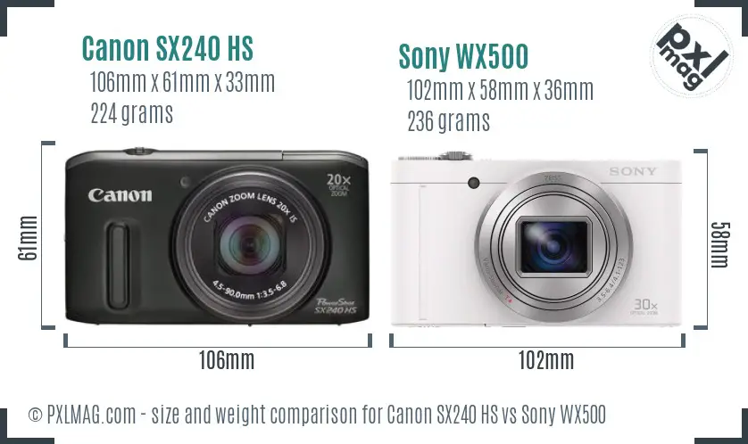 Canon SX240 HS vs Sony WX500 size comparison
