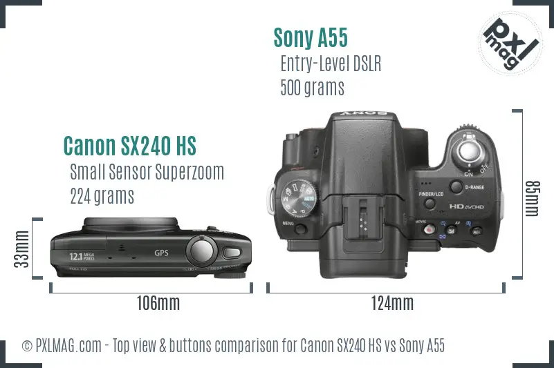 Canon SX240 HS vs Sony A55 top view buttons comparison