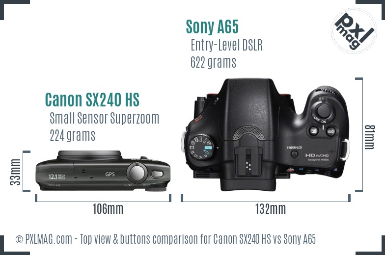 Canon SX240 HS vs Sony A65 top view buttons comparison