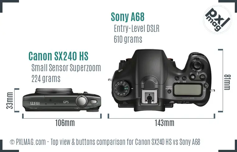 Canon SX240 HS vs Sony A68 top view buttons comparison