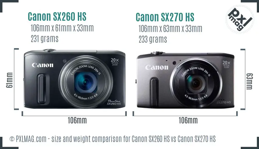 Canon SX260 HS vs Canon SX270 HS size comparison