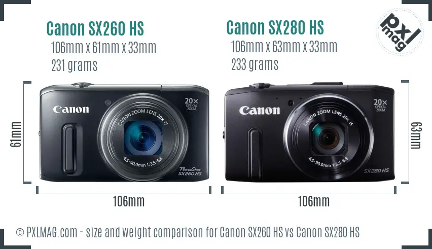 Canon SX260 HS vs Canon SX280 HS size comparison