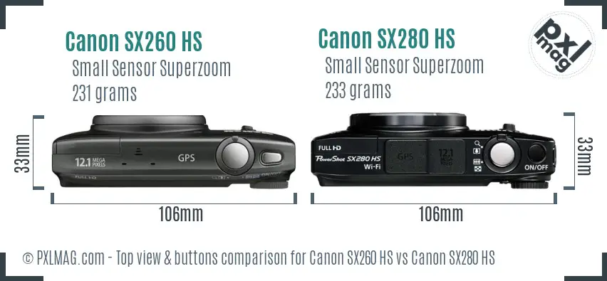 Canon SX260 HS vs Canon SX280 HS top view buttons comparison