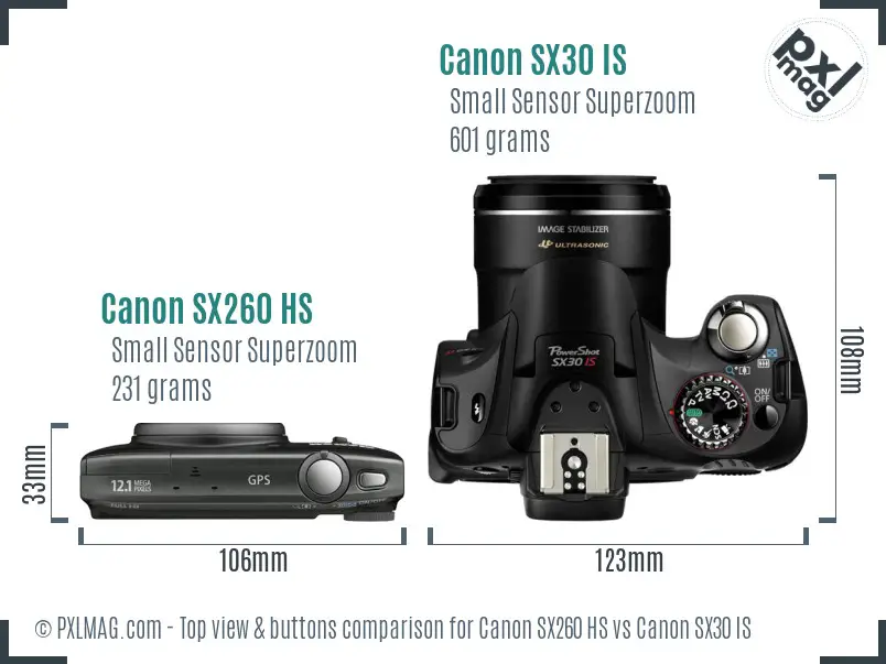 Canon SX260 HS vs Canon SX30 IS top view buttons comparison