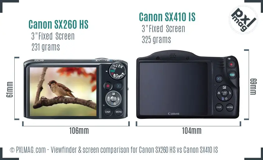 Canon SX260 HS vs Canon SX410 IS Screen and Viewfinder comparison
