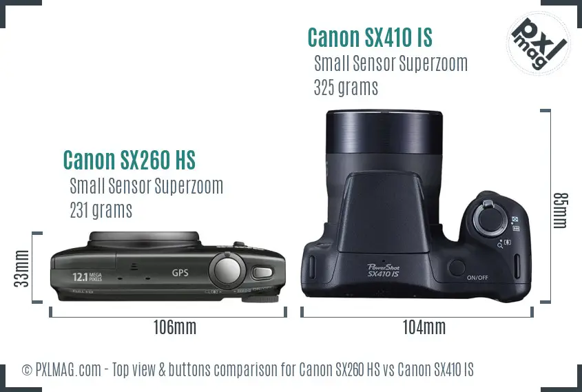 Canon SX260 HS vs Canon SX410 IS top view buttons comparison