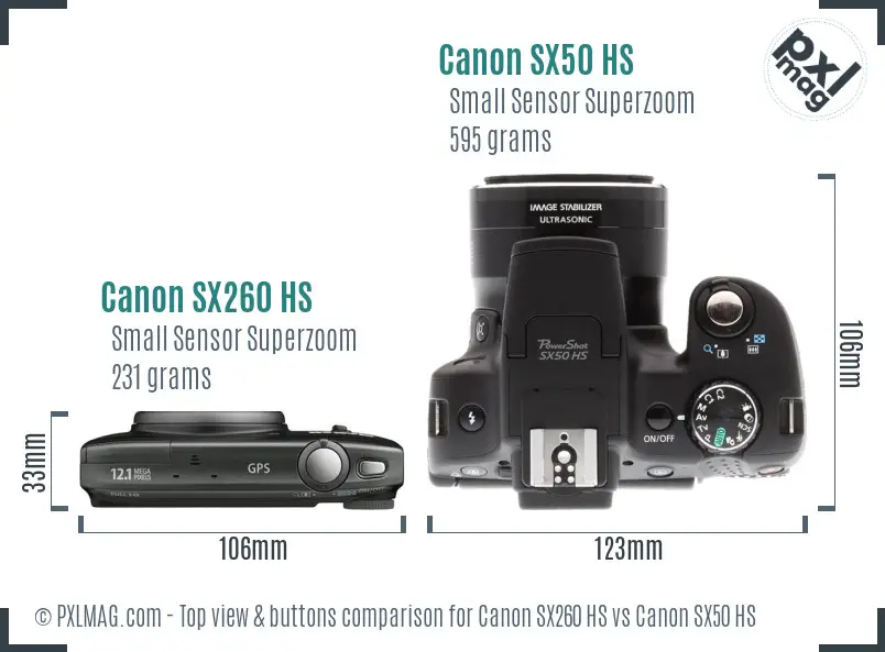 Canon SX260 HS vs Canon SX50 HS top view buttons comparison