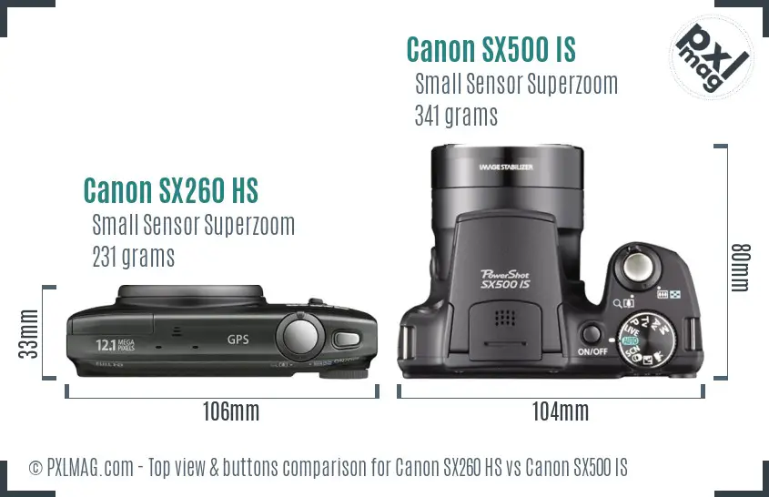 Canon SX260 HS vs Canon SX500 IS top view buttons comparison