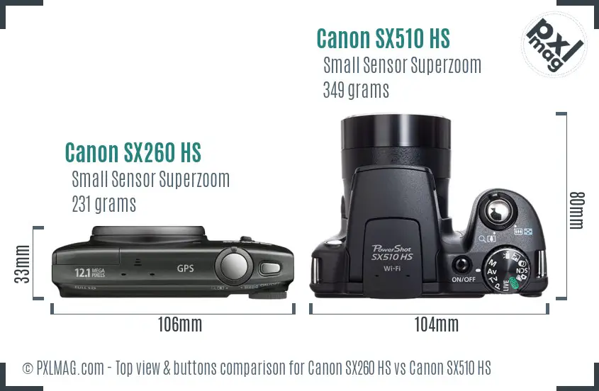 Canon SX260 HS vs Canon SX510 HS top view buttons comparison