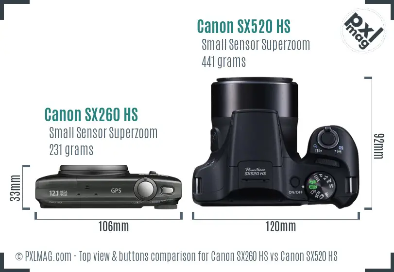 Canon SX260 HS vs Canon SX520 HS top view buttons comparison