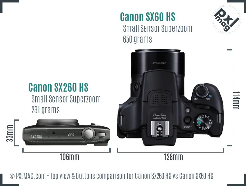 Canon SX260 HS vs Canon SX60 HS top view buttons comparison