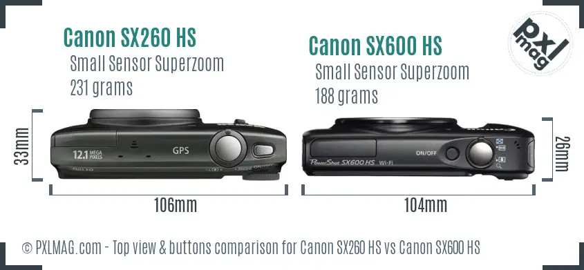Canon SX260 HS vs Canon SX600 HS top view buttons comparison