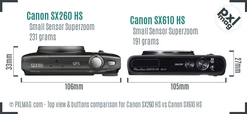 Canon SX260 HS vs Canon SX610 HS top view buttons comparison